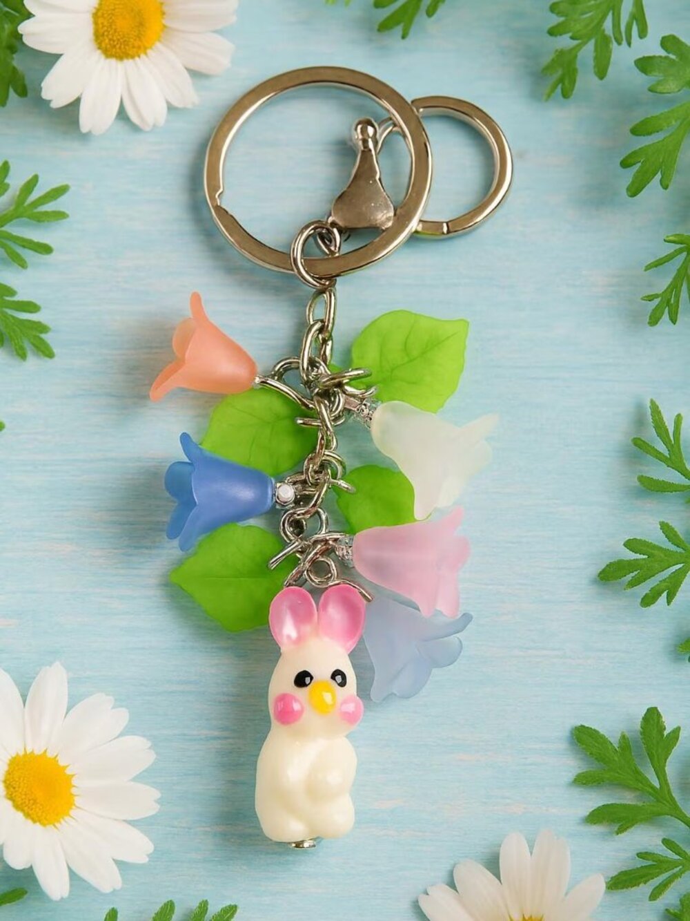 Pastel Flower Bunny Charm Keychain – Spring Floral Bag Accessory